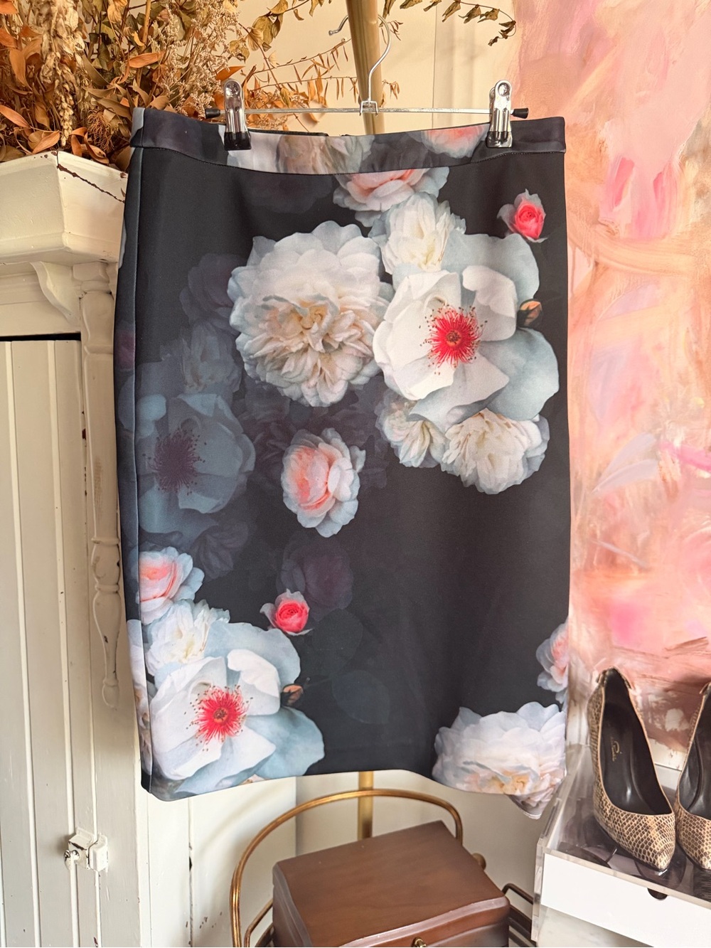 Ted Baker Black Pencil Skirt with White & Pink Floral Print